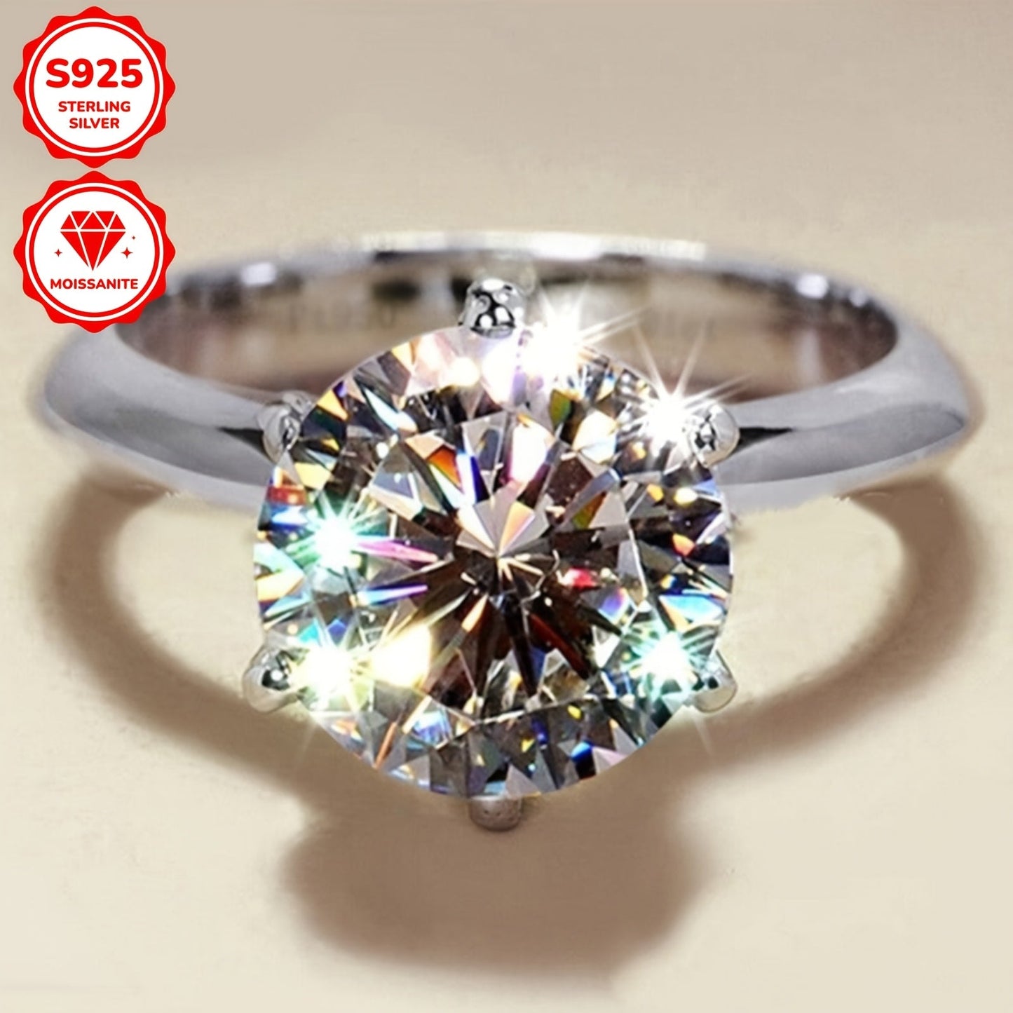 Moissanite Solitaire Engagement Ring for Women - Available in Various Sizes - Brilliant Round Cut White Golden Stone - Classic Six-Prong Setting in 925 Sterling Silver - Perfect Anniversary or Wedding Gift for Her