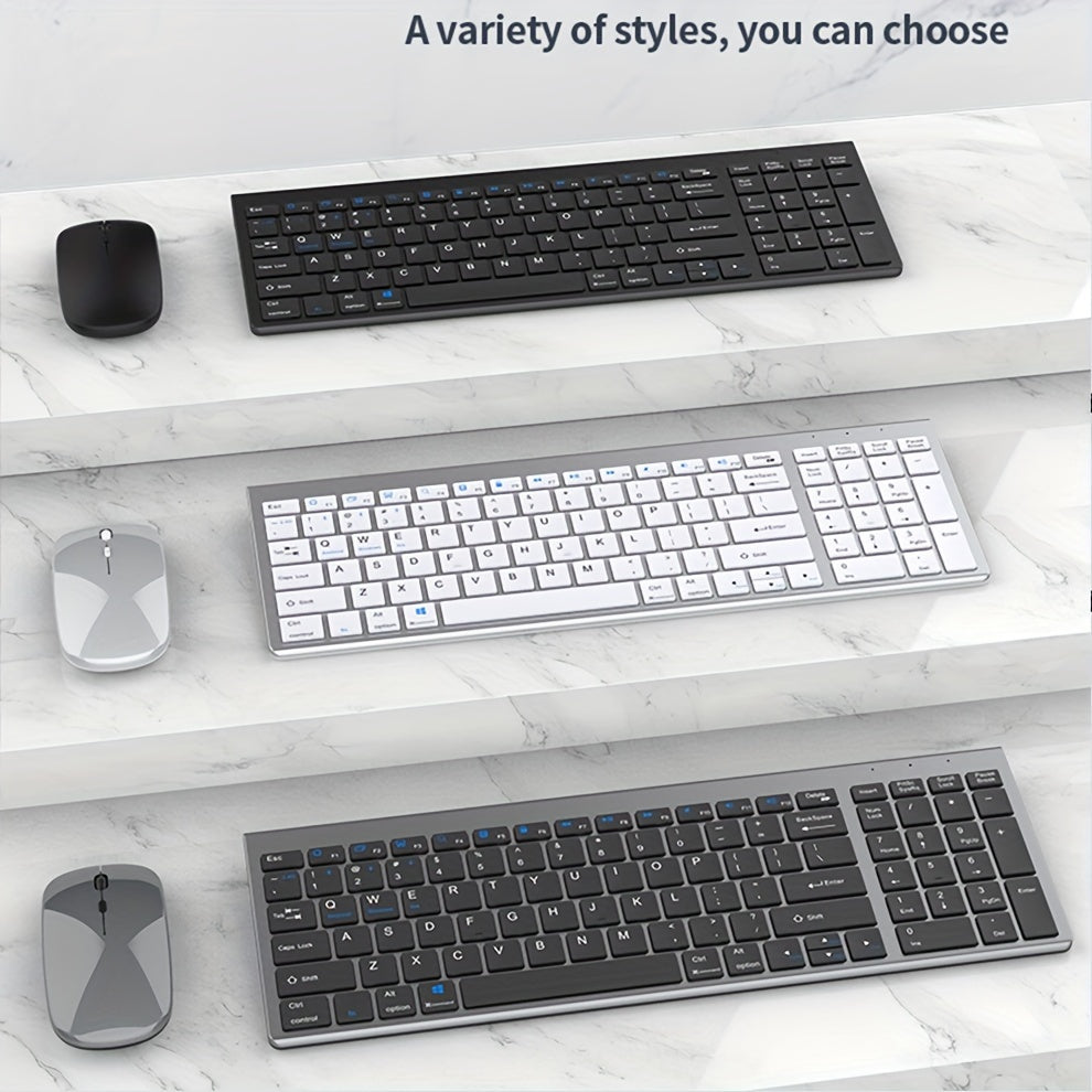 Rechargeable full-size wireless keyboard and mouse combo for multiple devices.