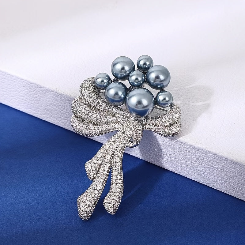 Elegant Rhinestone and Faux Pearl Bouquet Brooch Pin with Sparkling Crystal Flower and Bow Design - Perfect for Women