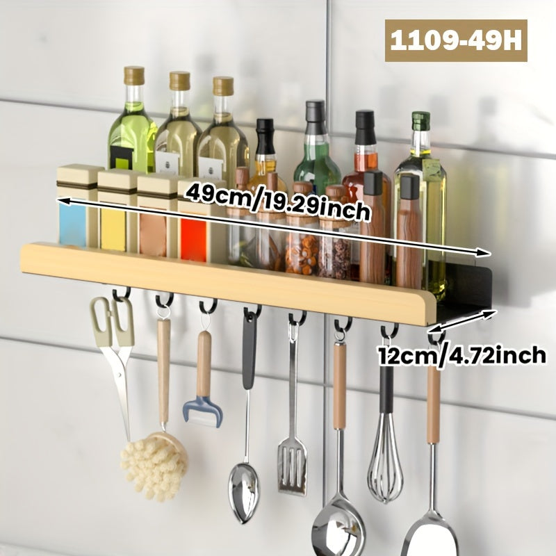 Wood and metal kitchen spice rack with hooks. Wall-mounted for modern style and efficient storage. Multifunctional shelf for kitchen accessories. Hardwood organizer for spices without the need for electricity.