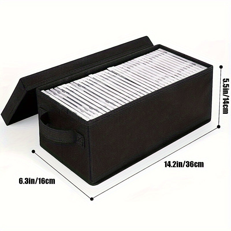 Set of three fabric CD storage boxes with lids and handles, featuring a brushed finish. Can be used as a multipurpose recessed shelf DVD organizer. This electricity-free media case is perfect for use at home, in the office, or in the car. Can hold up to