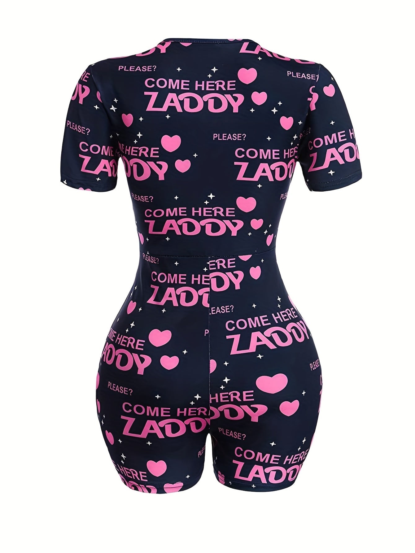 Stylish navy blue bodysuit with "Lady" print - short sleeves, round neck with button detail, stretchy polyester blend for comfortable loungewear.