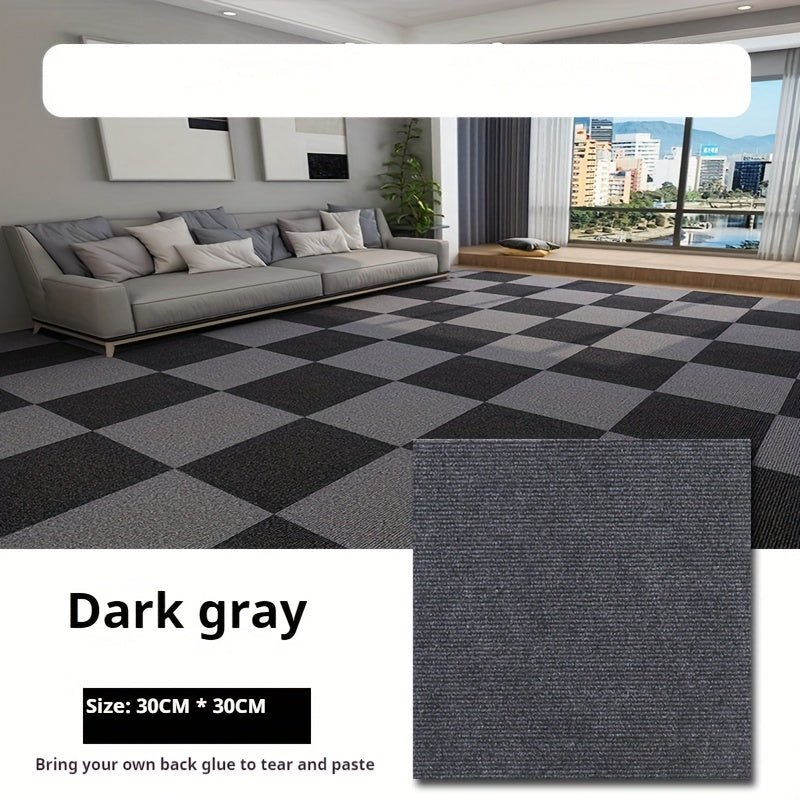 Pack of multiple self-adhesive carpet tiles in a square shape, suitable for both office and home use. These non-slip foam backed polyester rugs are machine-made with a solid pattern, making them perfect for enhancing the decor of any room, office, or