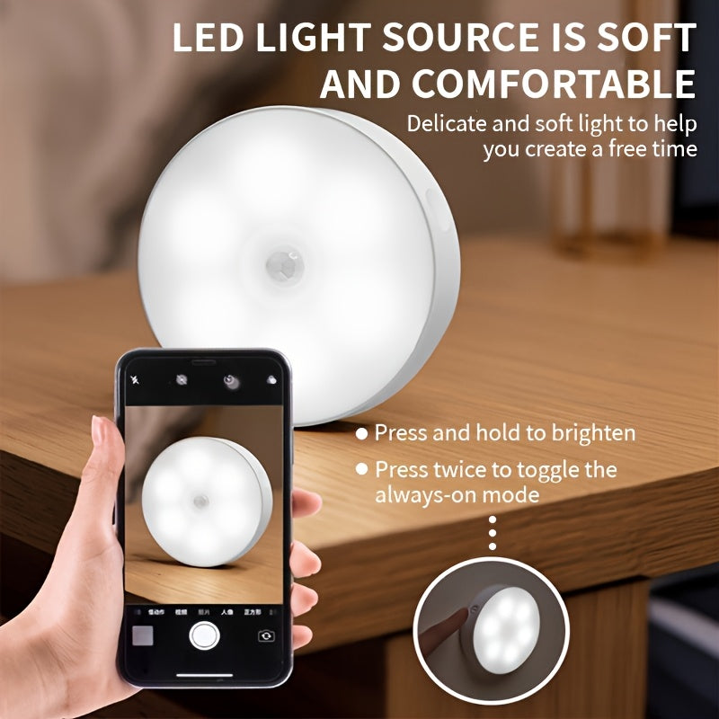 Three magnetic LED motion sensor lights with USB rechargeable feature. Ideal for office, bedroom, stairs, and basement. Available in warm white and white options.