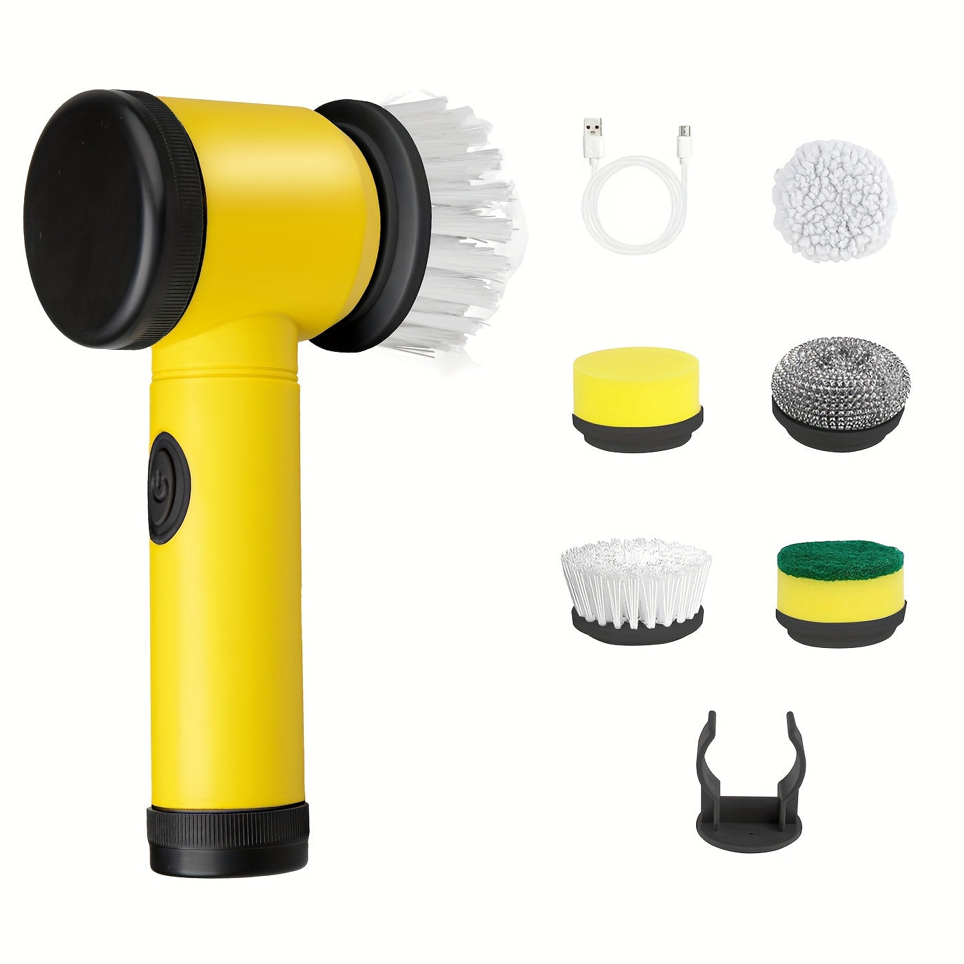 Get ready to tackle all your cleaning needs with the 1 Electric Rotating Scrubber! This 5-in-1 USB Rechargeable Cleaning Brush Set comes with 5 interchangeable brush heads perfect for use in the kitchen, bathroom, living room, and more.