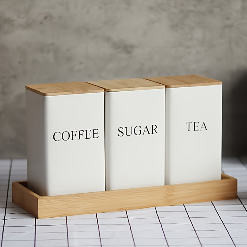 Modern Square Metal Canisters with Bamboo Lids Set of 3 - Ideal for Storing Tea, Coffee, Sugar & Snacks | Safe and Stylish Kitchen Storage Option