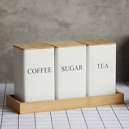 Modern Square Metal Canisters with Bamboo Lids Set of 3 - Ideal for Storing Tea, Coffee, Sugar & Snacks | Safe and Stylish Kitchen Storage Option