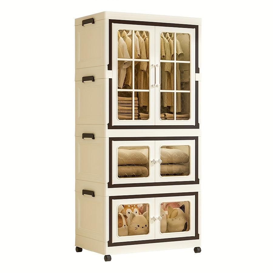 Portable closets that are suitable for bedroom, kitchen, and bathroom. This multifunctional folding storage cabinet is easy to assemble and made of plastic. It is a space-saving mobile wardrobe with wheel lock, perfect for hanging large children's