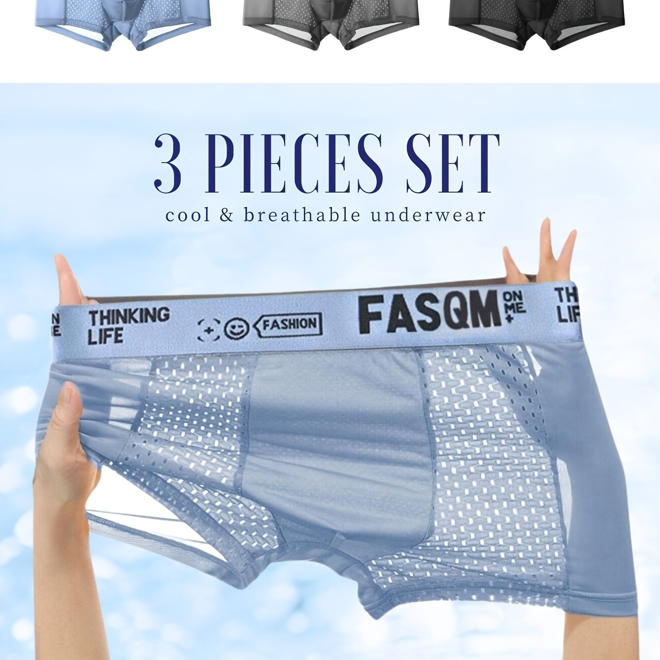 Multicolor men's ice charm boxers briefs with mesh patch, stretchy trunks, plain color sky blue, black, and deep gray with contrast color waistband print.