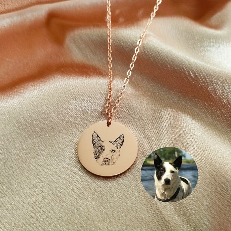 Personalized pet portrait jewelry and necklaces, featuring custom pet photos of dogs and cats.