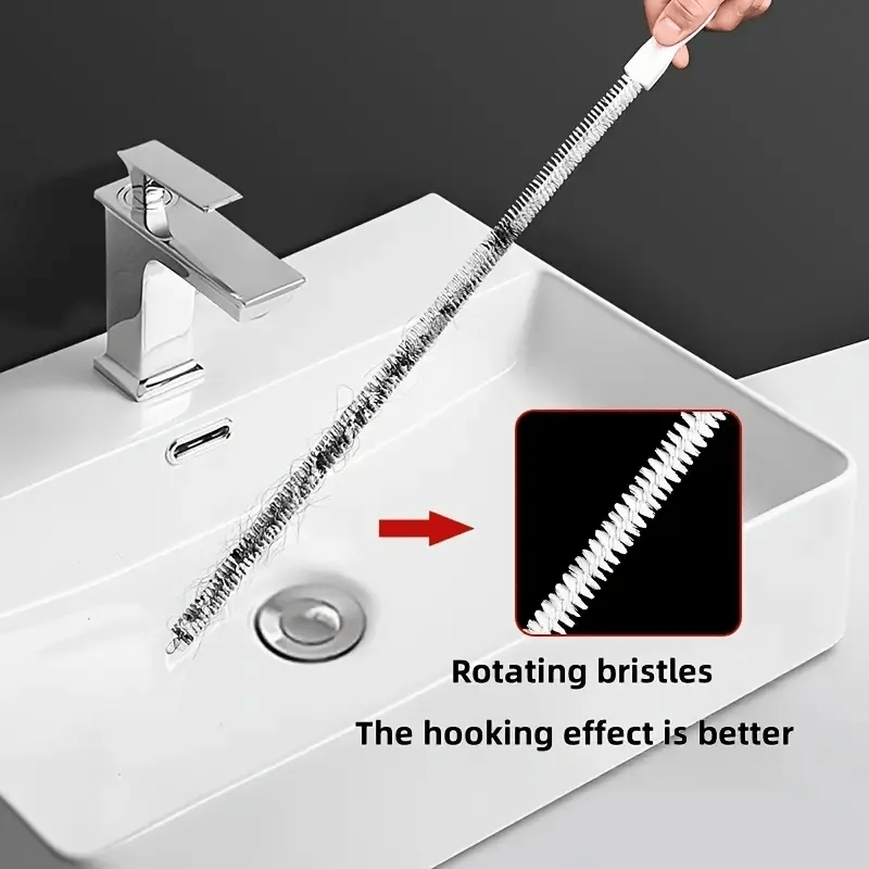 Introducing a versatile drain cleaning brush specially crafted for unclogging kitchen and bathroom pipes. This tool boasts an ergonomically designed handle for easy gripping, a reusable socket tool, and operates without the need for electricity.