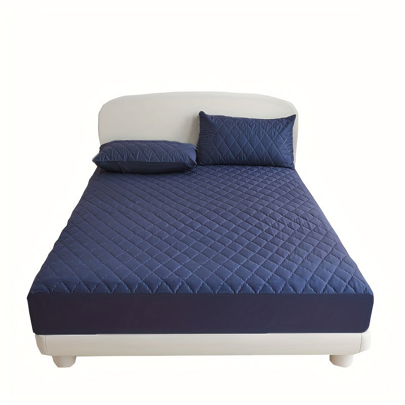 Diamond quilted waterproof bed sheet protector made of 100% woven polyester. Machine washable and available in multiple sizes (pillow shams not included).