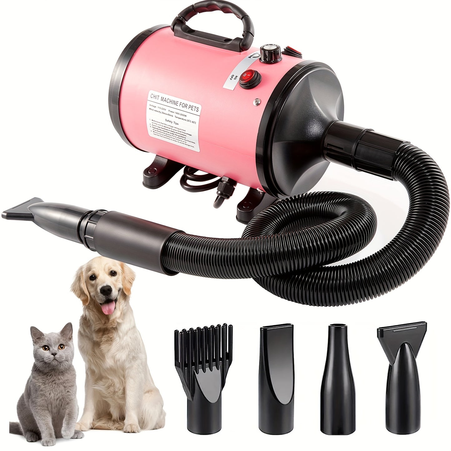 Pink high-power low-noise pet hair dryer for large dogs with quick drying and quiet operation. Includes adjustable nozzles, diffusers, and ABS material. 220V-240V with US plug.