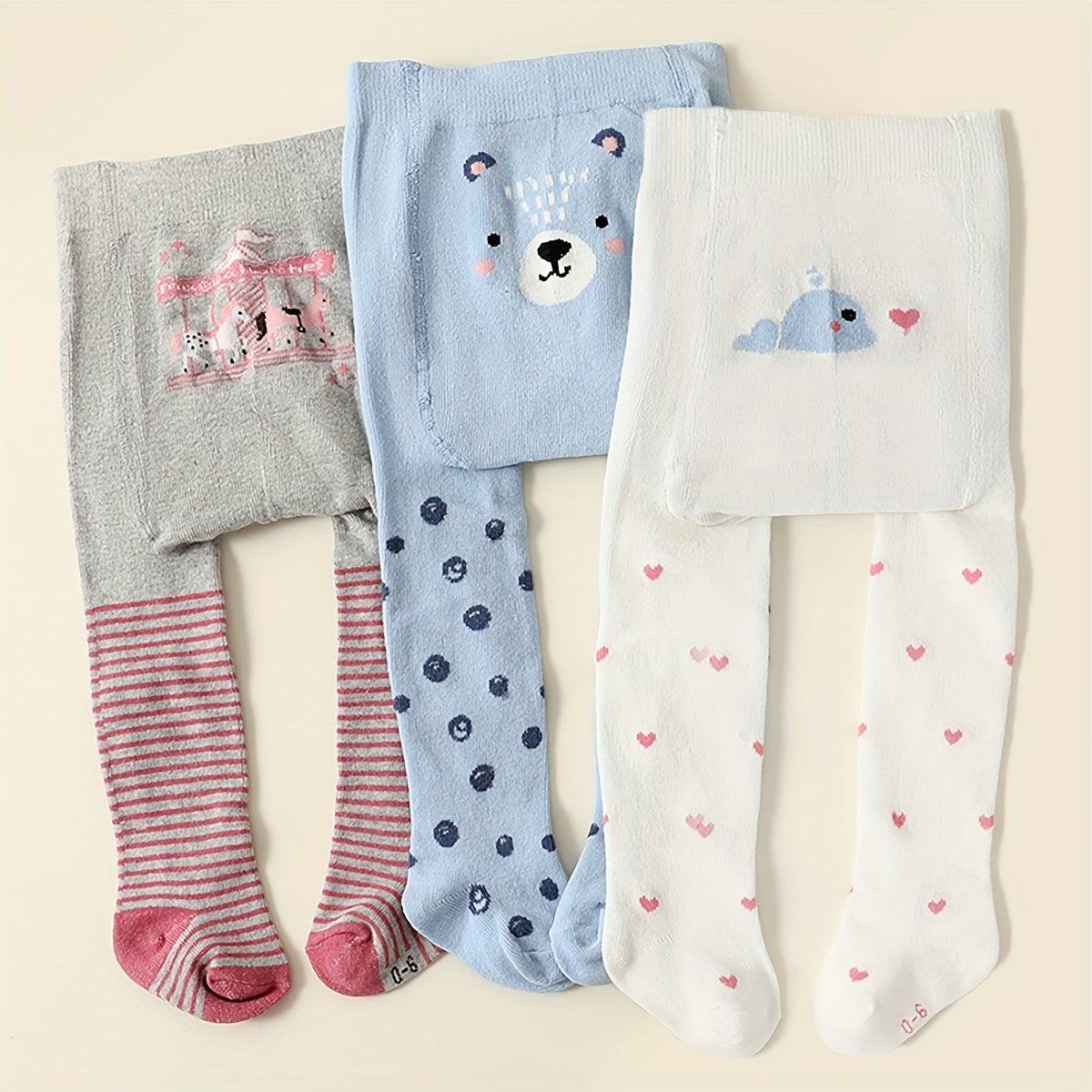 Toddler girls' 3-pack knitted tights with cute animal prints, made of a spring/fall cotton blend for soft warmth. Hand wash only. Made of polyester and spandex blend.