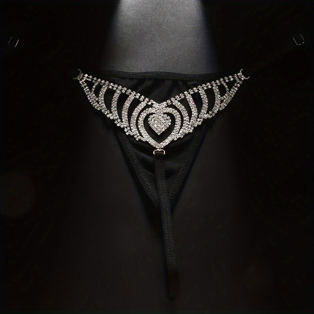 Sparkling Thong with Hollow Out Rhinestone Love Heart Detail - Women's Sexy Body Chain Jewelry Accessory