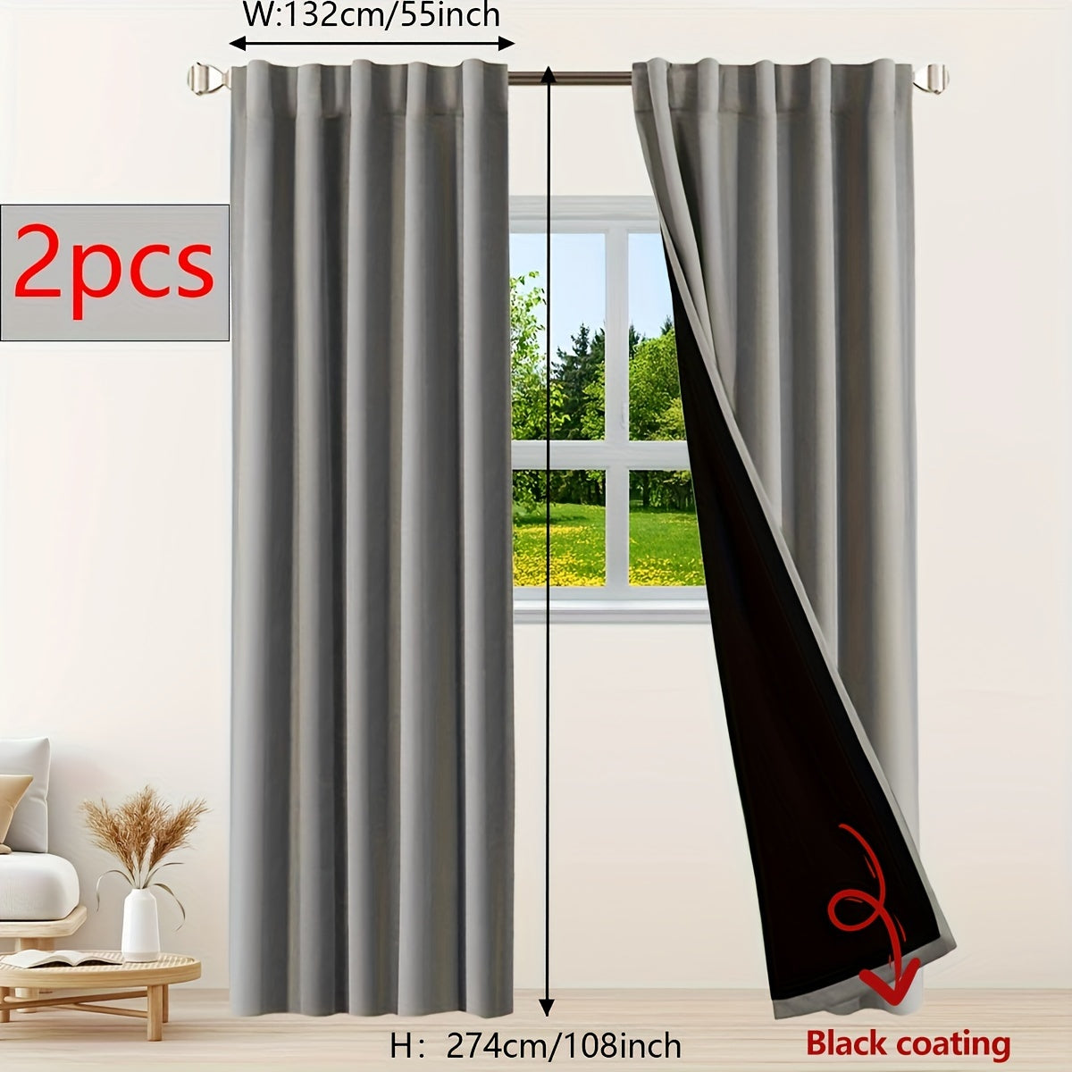 Two pieces of contemporary blackout curtains made from thermal insulated twill weave polyester. They are designed to reduce noise and block out light, making them perfect for the living room, bedroom, or study. These curtains feature a hook and ring rod