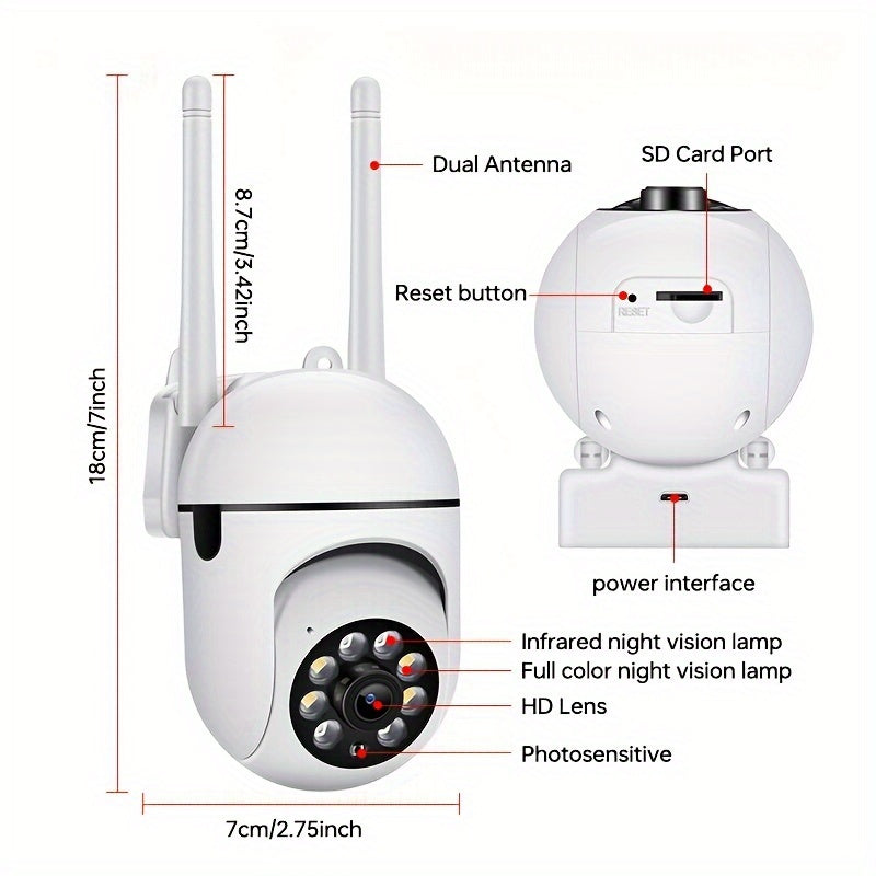 2MP WiFi Dome Surveillance Camera with 360° View and Motion Tracking PTZ Home Surveillance Camera features 1080P resolution for outdoor security. This camera also includes color night vision and two-way audio for added convenience.