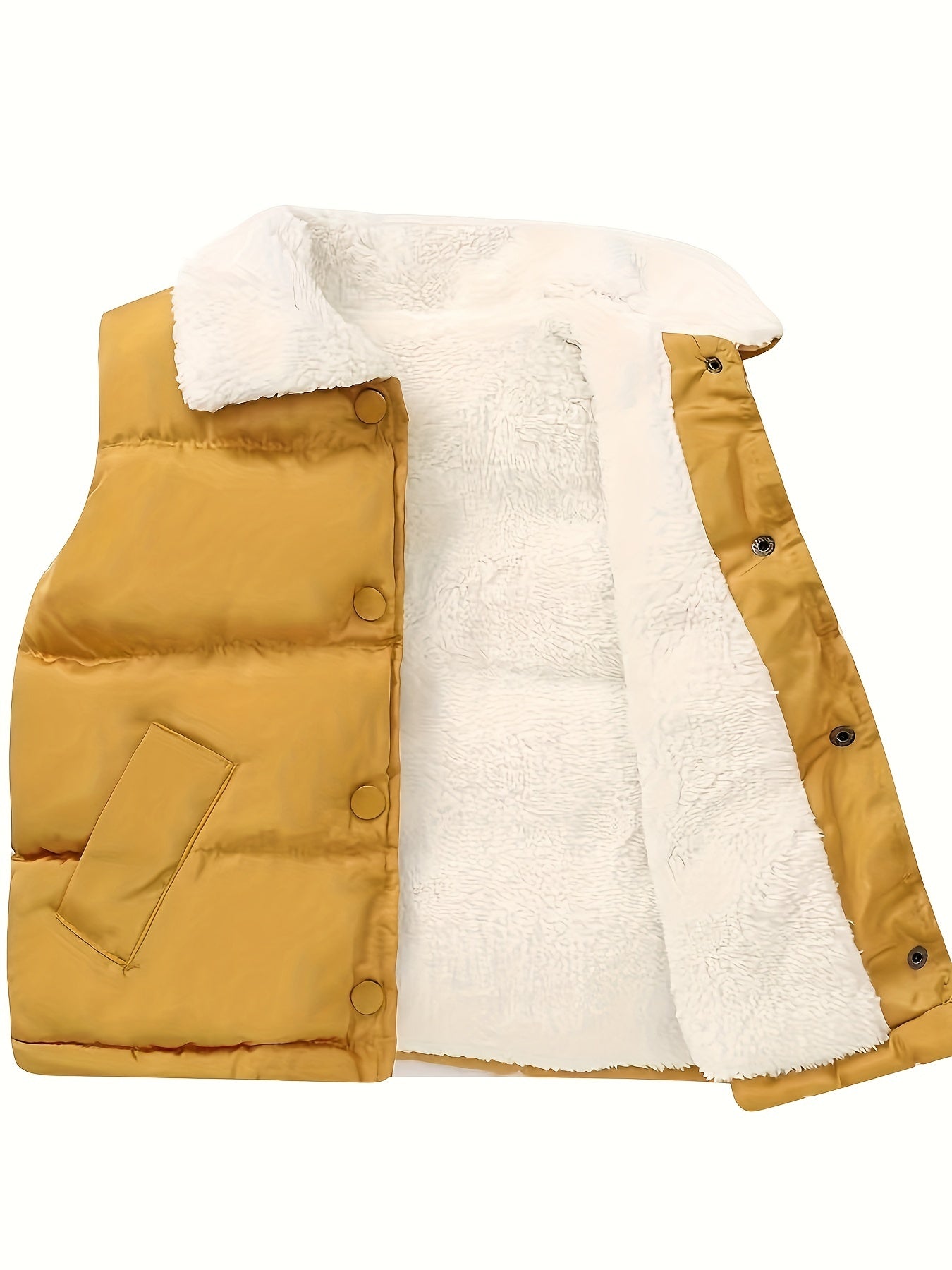 Cozy fleece-lined vest with button front and fold-over lapel for boys and girls, perfect for fall and winter outdoor activities.