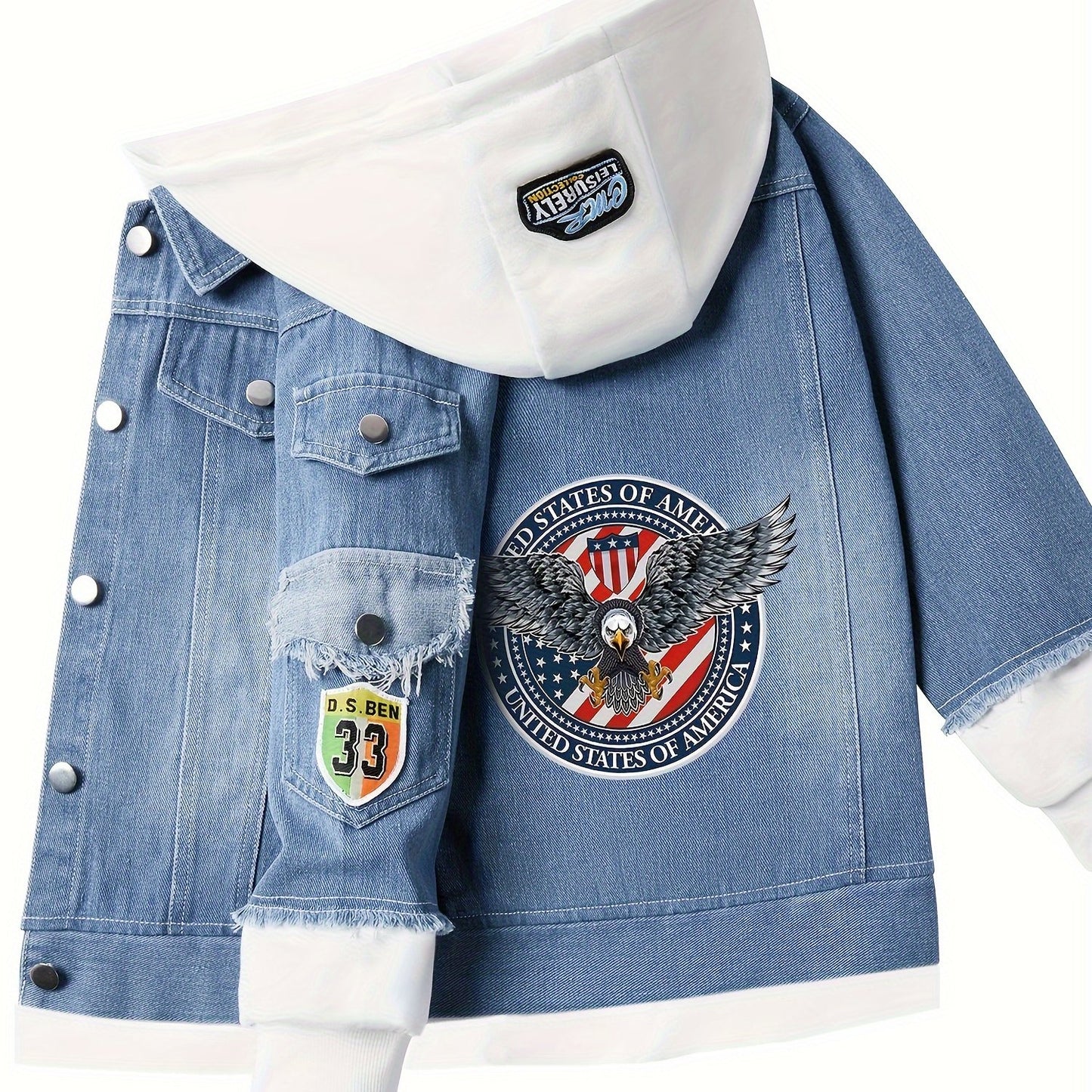 Hooded denim jacket featuring a cartoon eagle anime design, perfect for truck driver cosplay.