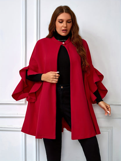 Elegant plus size red cape coat with ruffle sleeves, Crew neck outerwear made of polyester blend with slight stretch. Solid color woven cape suitable for all seasons.