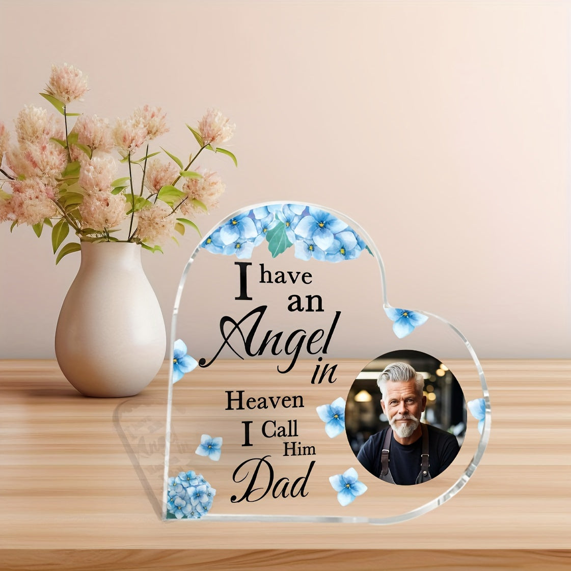 Customized Acrylic Heart-Shaped Photo Plaque honoring Dad's memory - "I Have a Guardian Angel in Heaven" - A Tribute for Father's Day, perfect for Home or Office Decoration