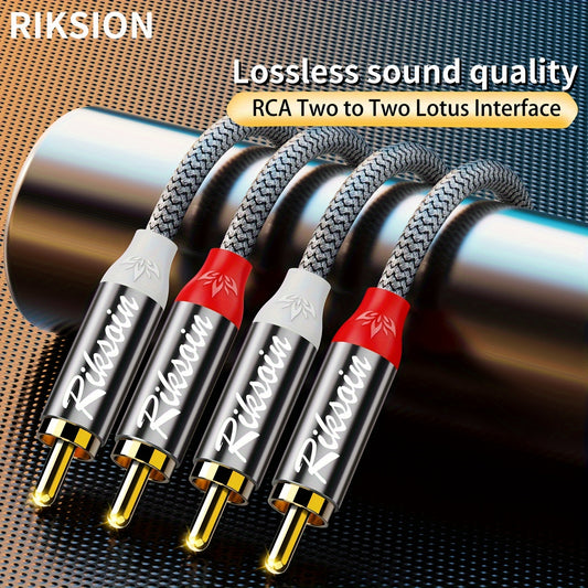 Gold-plated 2RCA Male to Male audio cable for lossless music transmission. High-fidelity nylon braided connector with low interference. Ideal for DVD, TV, home theater, games, and speakers.