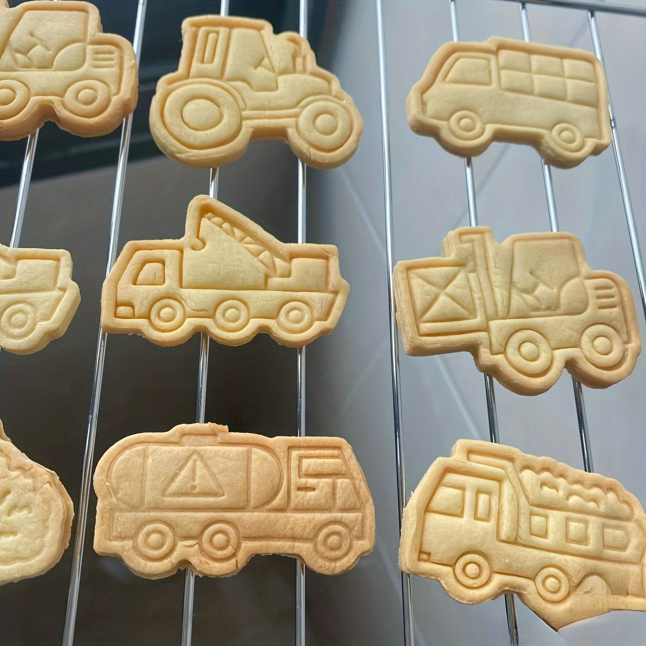 Set of 8 Construction Vehicles Cookie Cutters with Engineering Cookie Embosser, Pastry Cutter Set, Biscuit Molds, Baking Tools, and Kitchen Accessories.