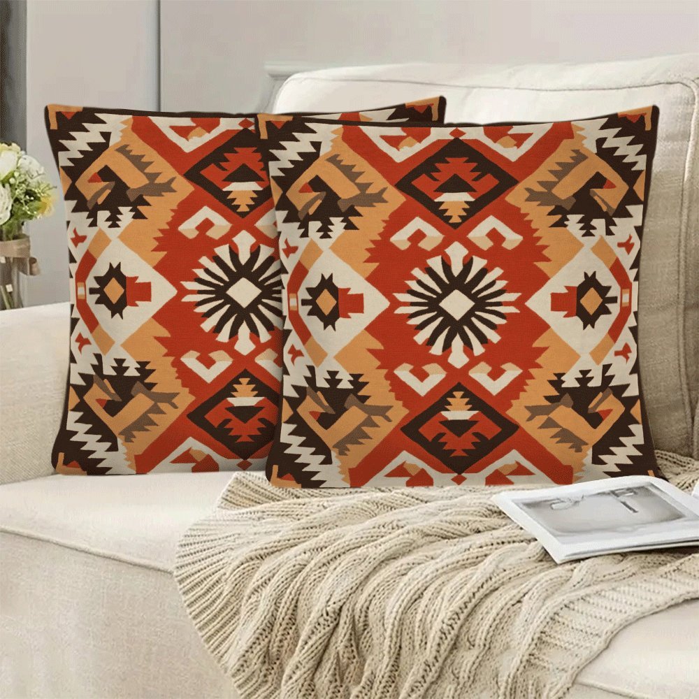 Modern Bohemian Retro Geometric Flannel Pillow Covers, 2-Pack, 45.72x45.72 cm, Zipper Closure, Machine Washable, Ideal for Back Sleepers, Sofa and Outdoor Tent Decor, All-Season Square Cushion Cases (Pillow Inserts Not Included)