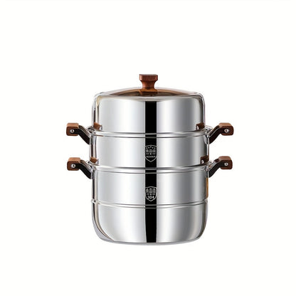 This 304 Stainless Steel Three-layer Steamer set includes 5 pieces with a double bottom design. It features a thick soup pot, a steamer rack, a pot lid, and two steaming trays. The set also includes counter-scald wooden handles for safety. This steamer