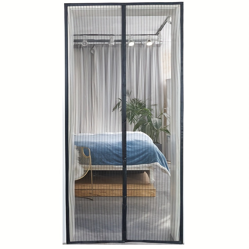 Simple magnetic mesh curtain for summer, repels insects and mosquitoes, breathable polyester blend, ideal for bedroom, living room, and wardrobe doors.