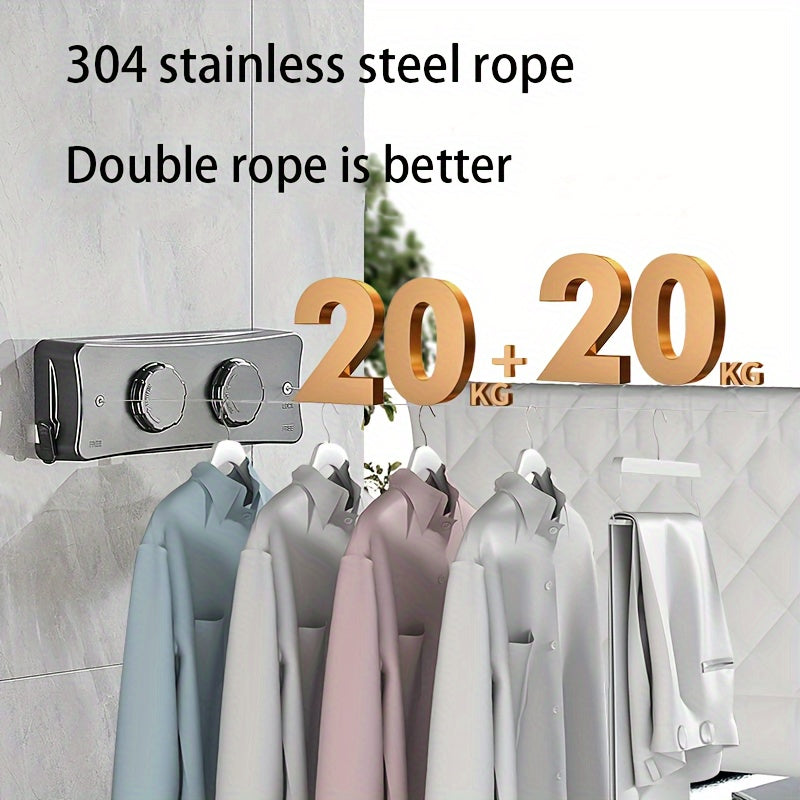 One-piece Invisible Retractable Clothesline made of stainless steel for indoor and outdoor use. Ideal for balcony storage and capable of holding heavy loads. Features 304 stainless steel wire rope.