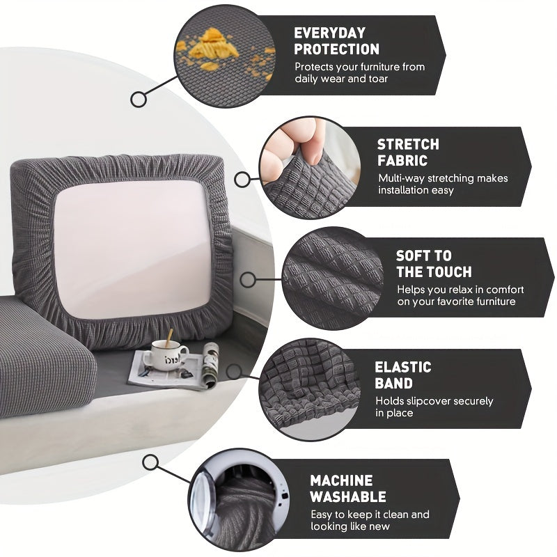 Modern Stretch Sofa Cover made of polyester and spandex blend. Machine washable with elastic band closure. Integrated design fits most sectional sofas in the living room.