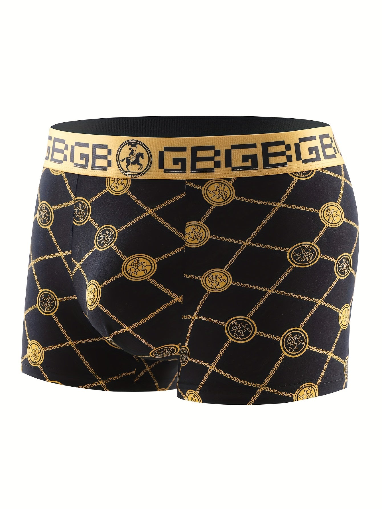 4 men's boxer briefs with trendy black golden print, made from a soft, stretchy, and comfortable breathable polyester blend for everyday and sports wear.