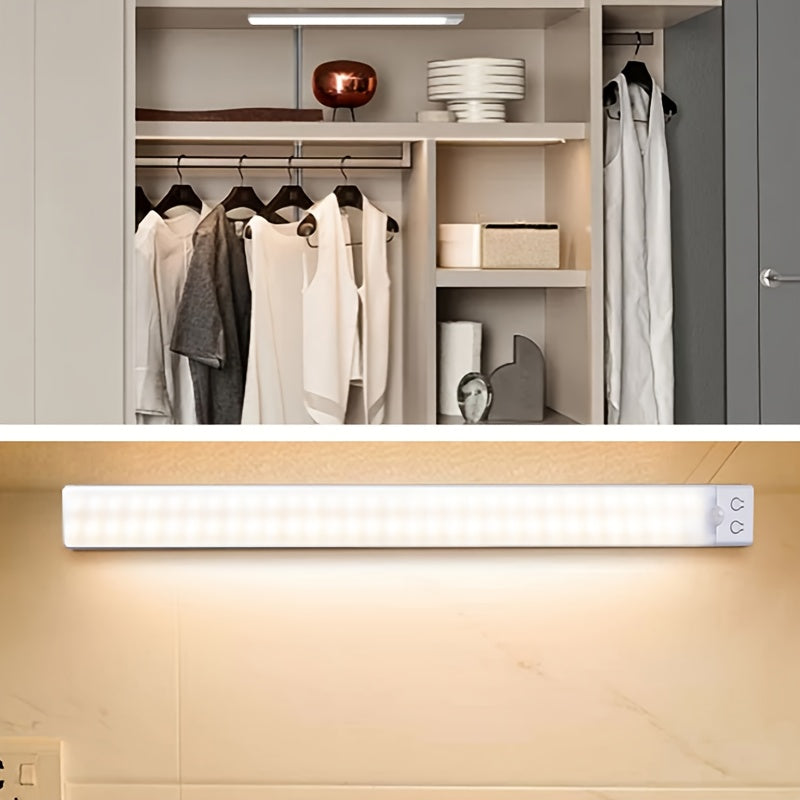 Smart LED light with motion sensor, USB rechargeable, 3 dimming modes, wireless installation, perfect for closets, cabinets, bedrooms, bathrooms, and stairs.