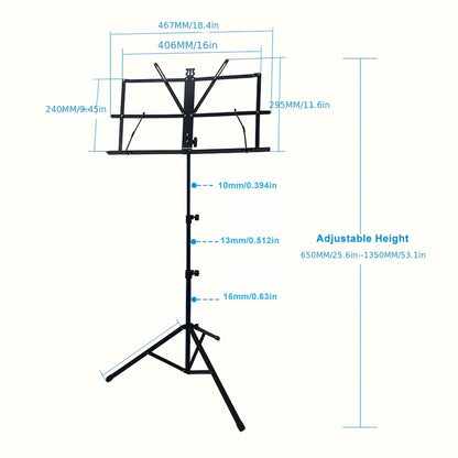 Portable folding music stand in black with adjustable height for various instruments, made of alloy construction.