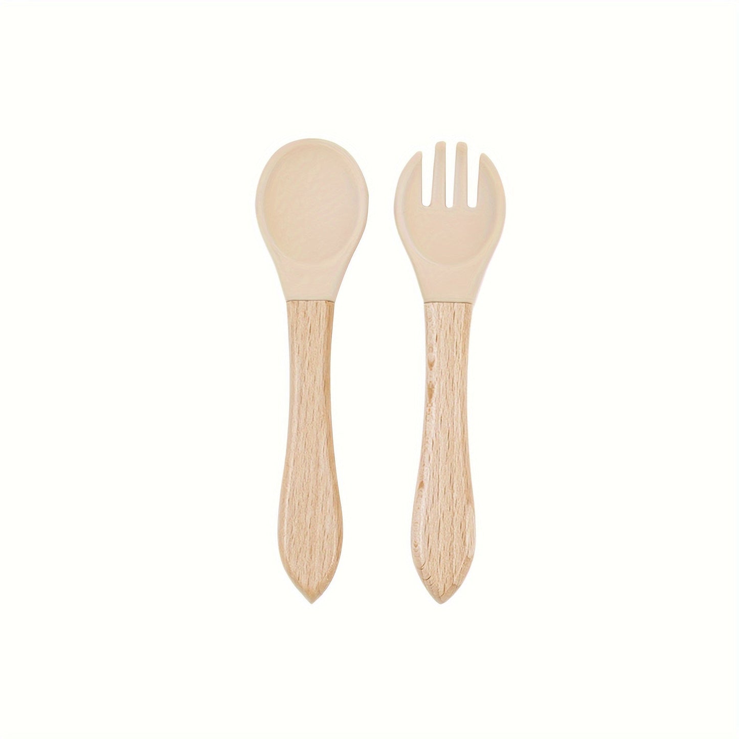 Set of baby fork and spork made from bamboo and silicone, perfect for toddler self-feeding. Ideal for baby-led weaning and makes a great gift for newborns or special occasions like Christmas, Thanksgiving, and Chinese New Year.