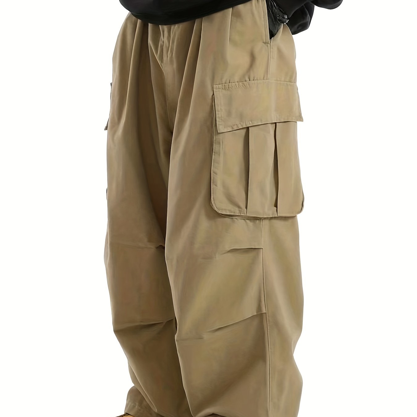 Men's straight leg cargo pants with multiple flap pockets, loose and casual for outdoor activities or work, in streetwear style.