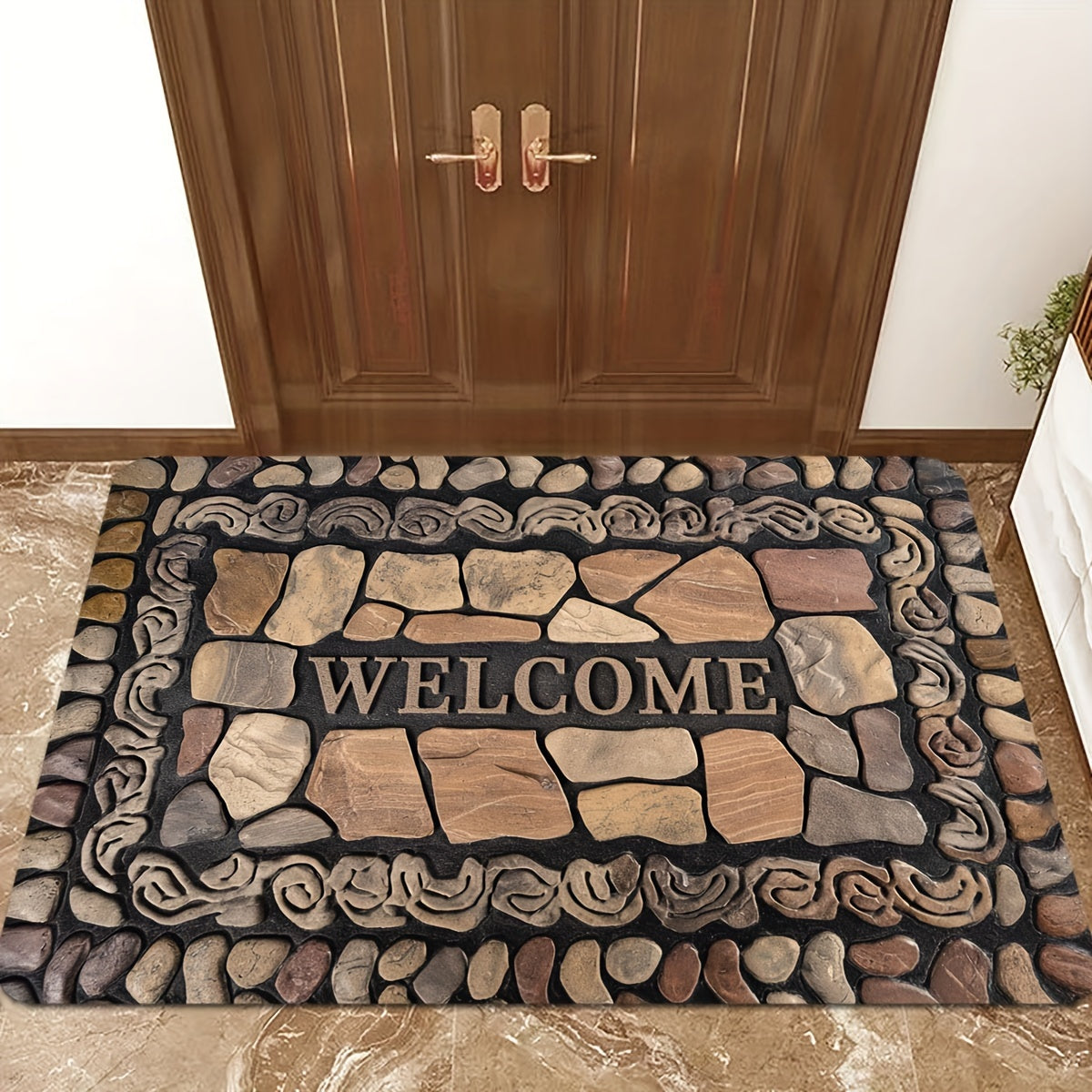 Introducing our Welcome Home Pebble Print Doormat! This versatile mat features a 1PC Flannel Fleece top layer and a 1cm Sponge Base for extra comfort. Made from lightweight, stain-resistant polyester, this non-slip mat is perfect for indoor or outdoor