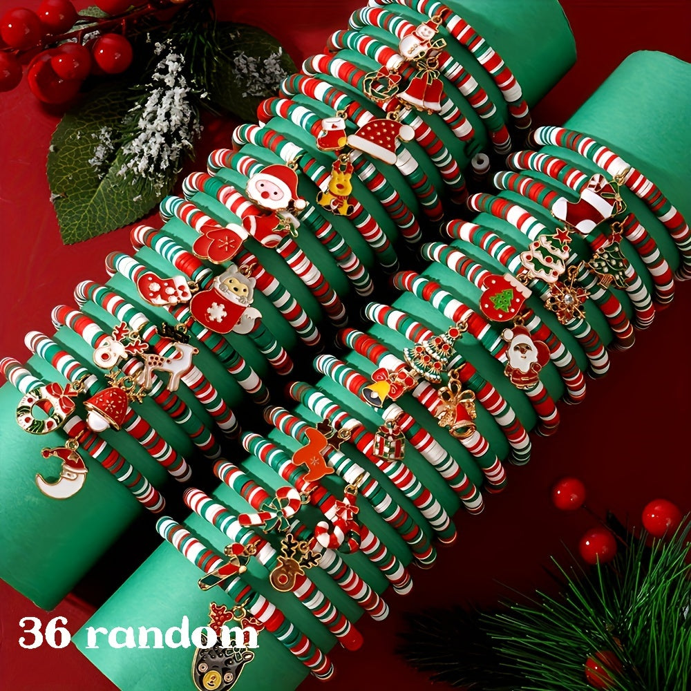 Get ready for the holiday season with this festive Christmas Charm Bracelet Set! Each set includes 10pcs of adjustable bracelets made with elastic polymer clay beads featuring Santa, snowflake, and tree designs. These bracelets are perfect for holiday