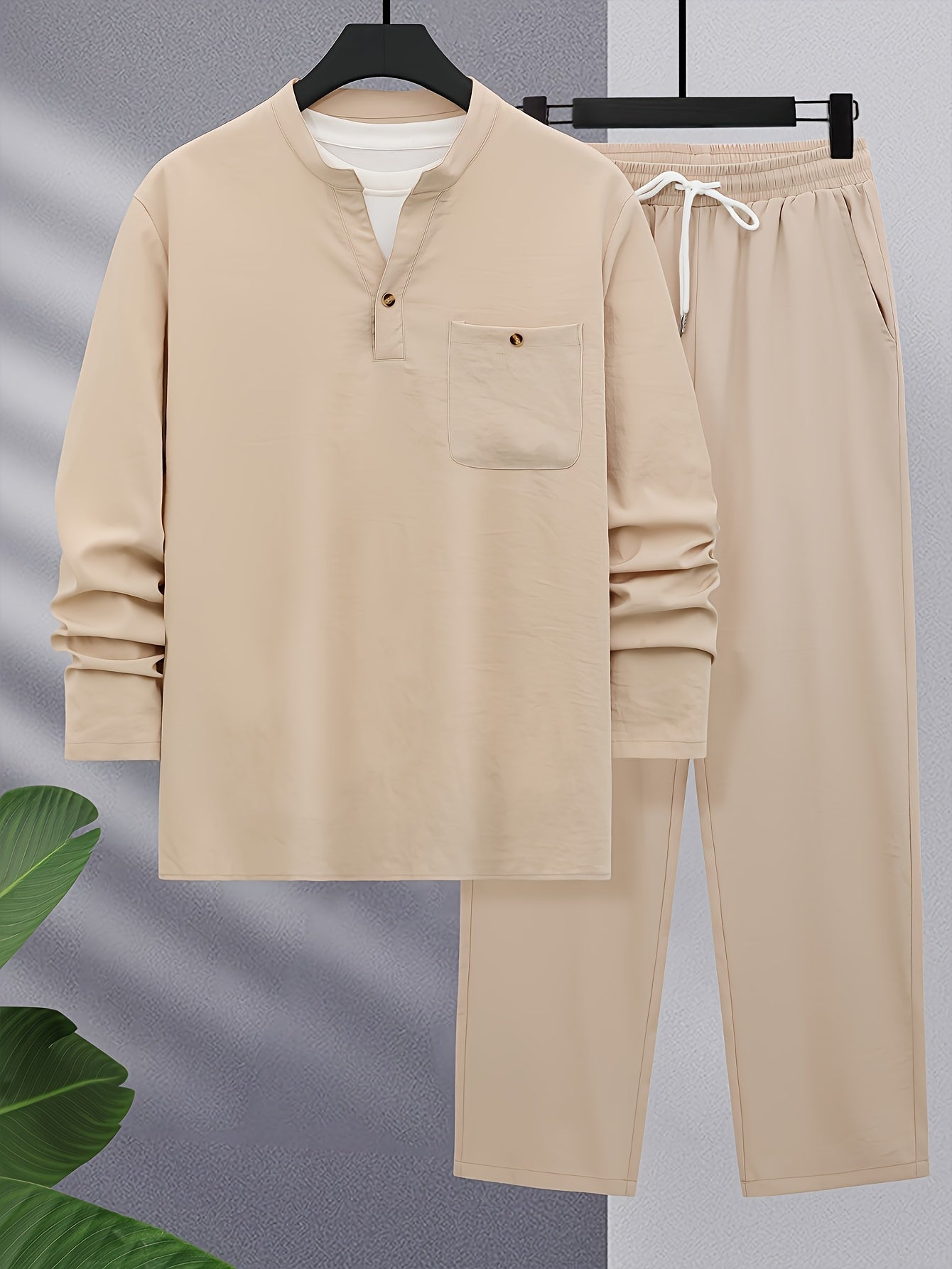 Men's Casual Polyester Sweatsuits with Collared Neck, Solid Color, Slight Stretch Fabric, Pocket Detail - Spring/Fall Woven Lash Sets with Regular Fit Long Sleeve Shirt and Drawstring Pants