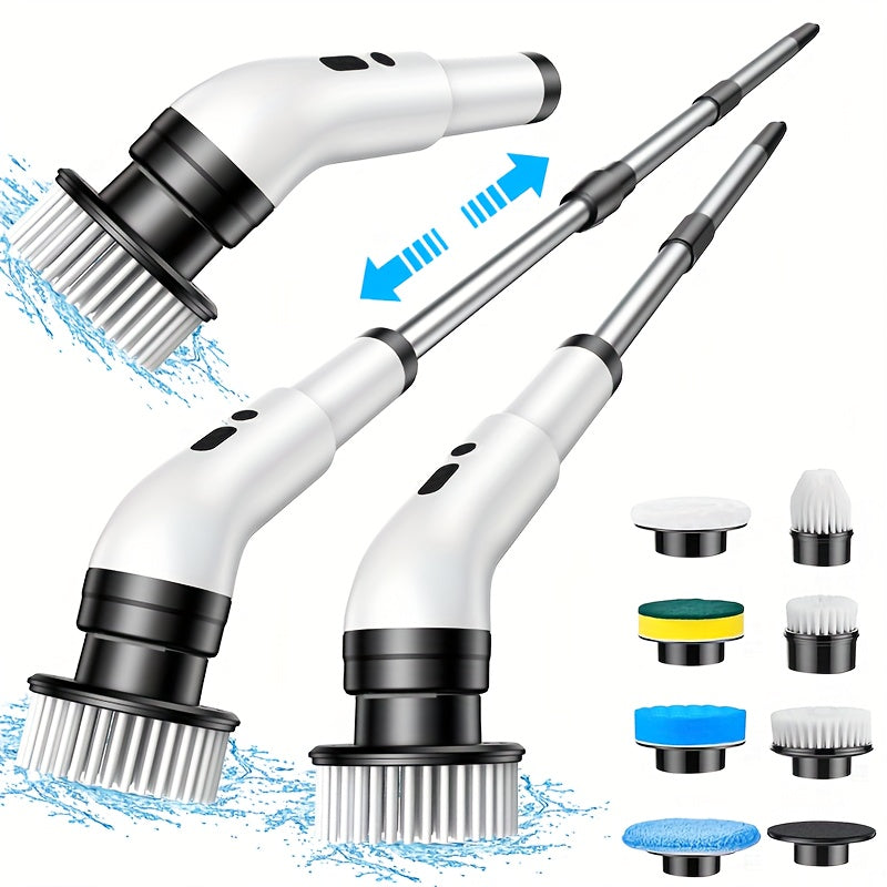 Introducing the versatile White Electric Cleaning Brush with USB Charging, Long Handle, and 2000mAh battery. Comes with 6-9 Replaceable Brush Heads for cleaning floors, walls, outdoor areas, and bathrooms.