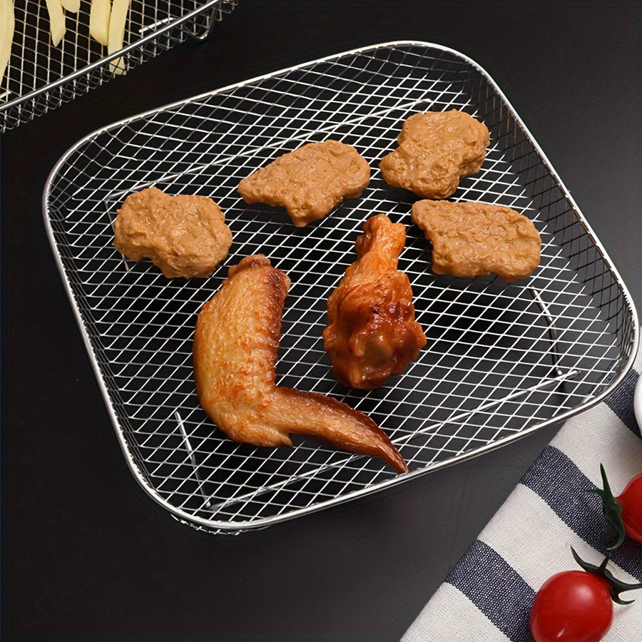 Set of stainless steel air fryer accessories includes a versatile stackable rack, dehydrator stand, BBQ basket, grilling rack, oil brush, and food tongs. Compatible with square air fryers, this kit comes in a 1/3 piece set.