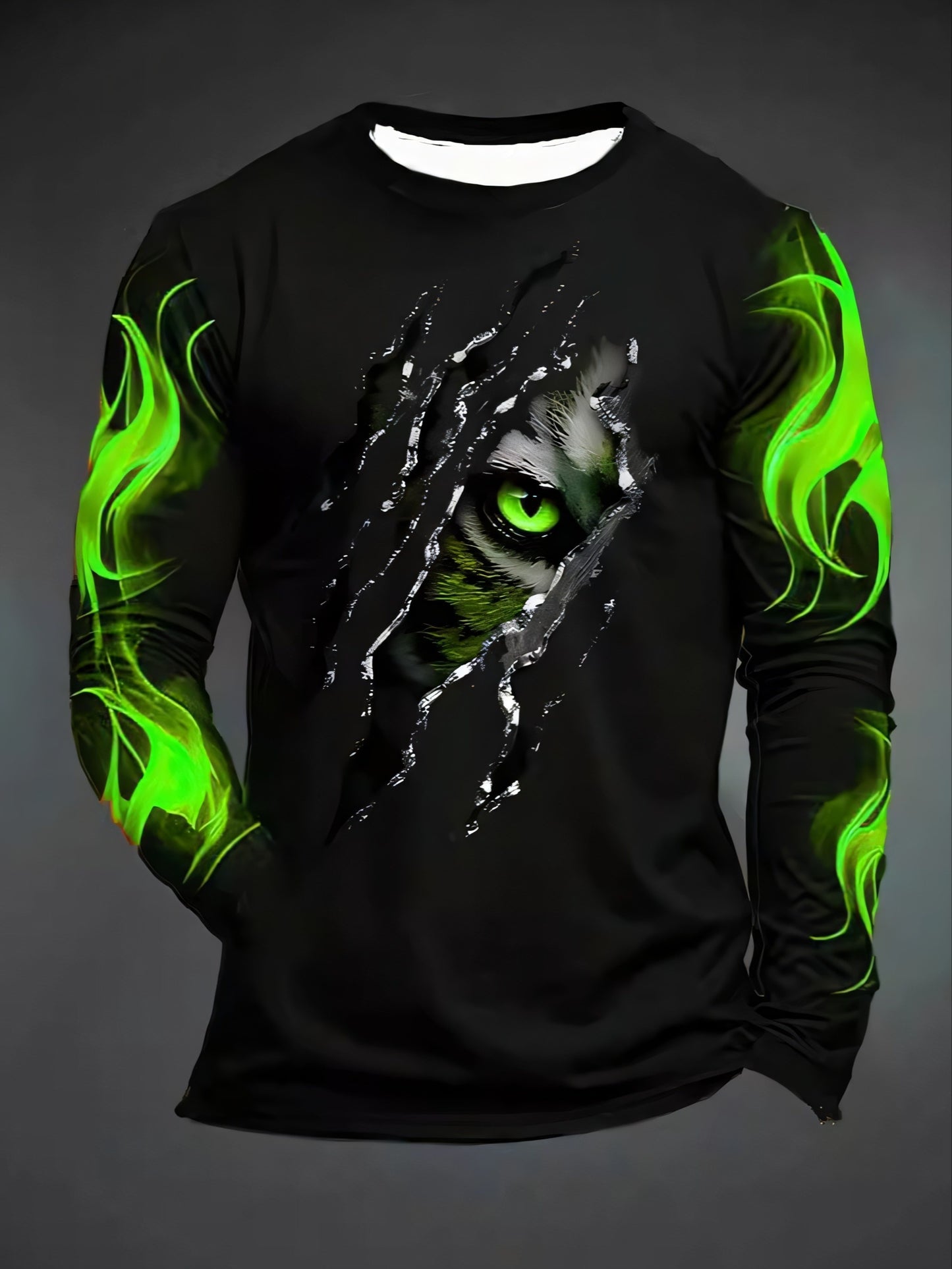 Men's slim fit long sleeve crew neck t-shirt with green eye and flame design, made of polyester knit with slight stretch and featuring animal pattern graphic tee.