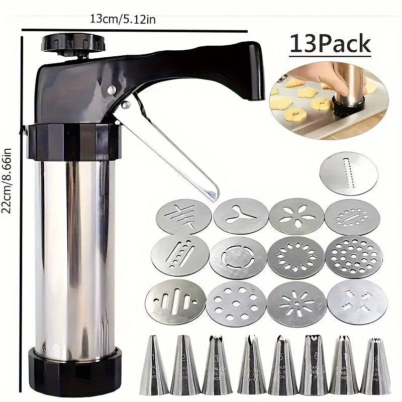 22-piece stainless steel cookie press kit includes 13 disc shapes and 8 icing tips for manual biscuit making and decorating. This non-electric dough extruder and cake decorator is perfect for home baking tools.