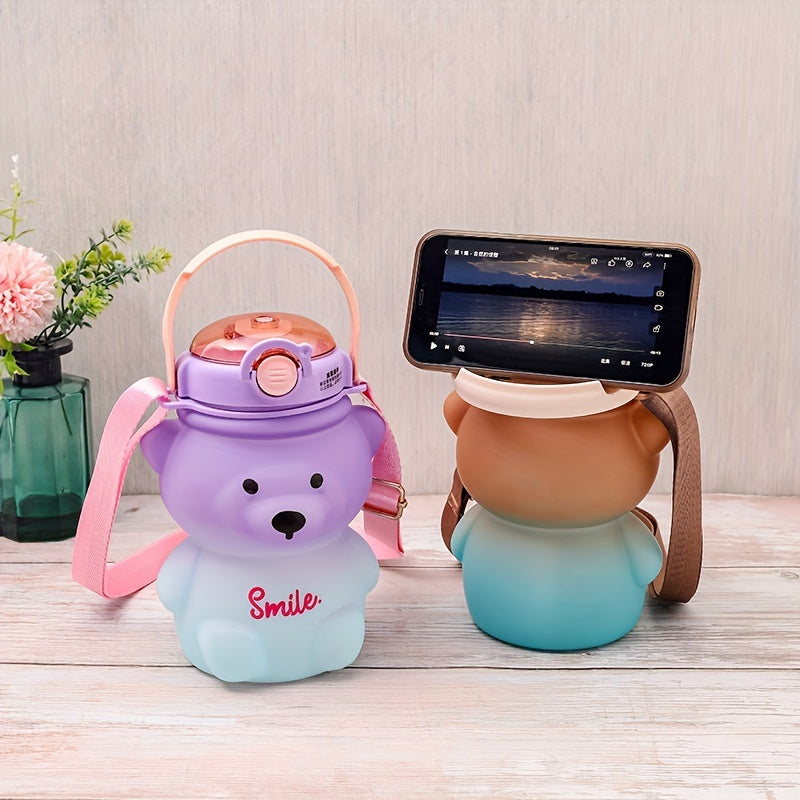 1000ml Transparent Bear Water Bottle with Straws, Backpack, and Handle; Hand wash only, PC Material, Leak-proof, PVC-free.