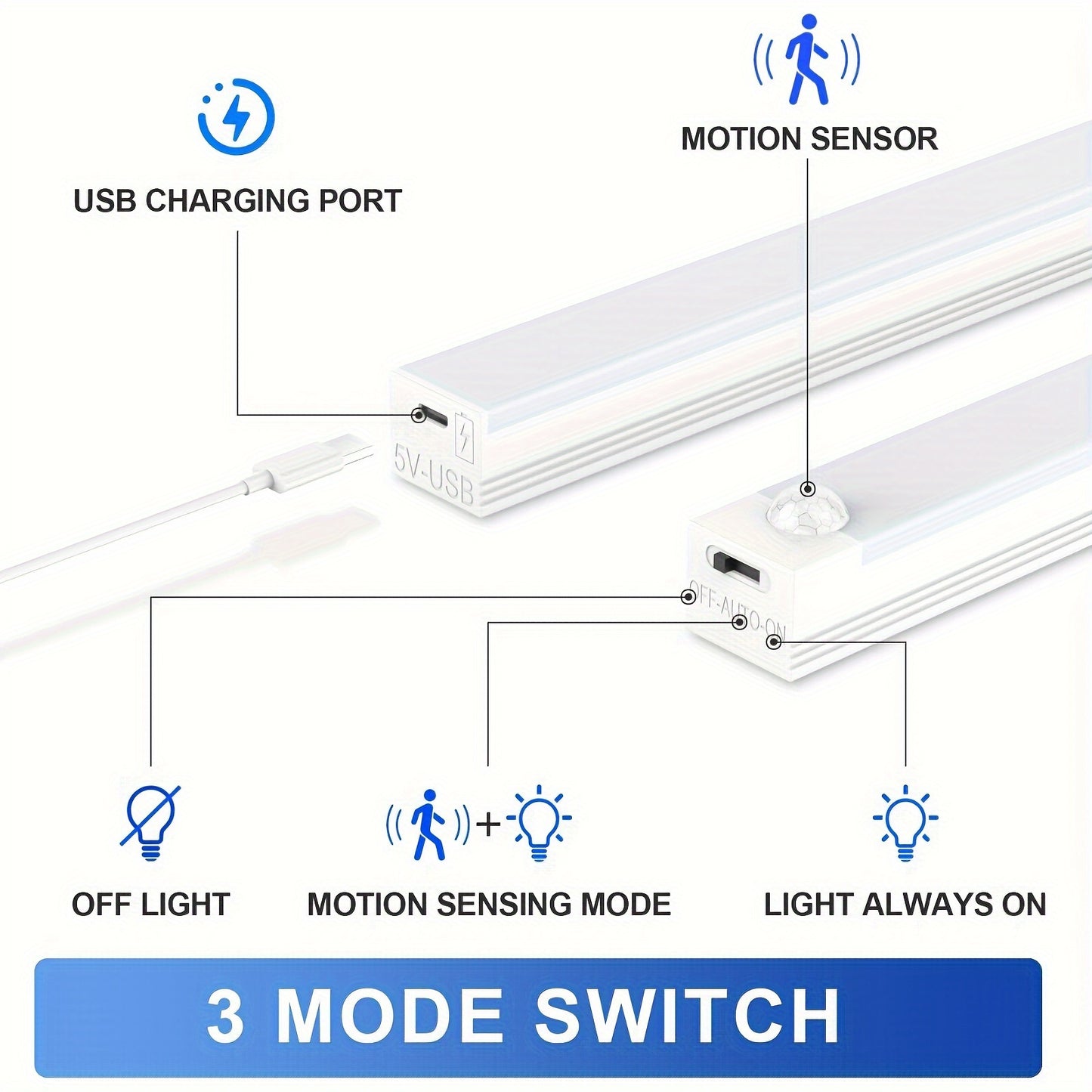 Aipusi 6pcs USB rechargeable under cabinet lights with motion sensor, adjustable brightness, solid color, polished finish, plastic material, lithium battery, ideal for kitchen, bathroom, closet, pantry. Can be wall mounted or freestanding with button