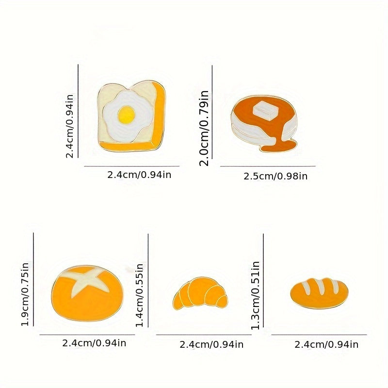 Set of five cartoon-inspired cute breakfast food enamel pins featuring bread-shaped minimalist brooches. These decorative lapel pin badges can be used on bags and jewelry to add a fun touch with pastry and egg-themed accessories.