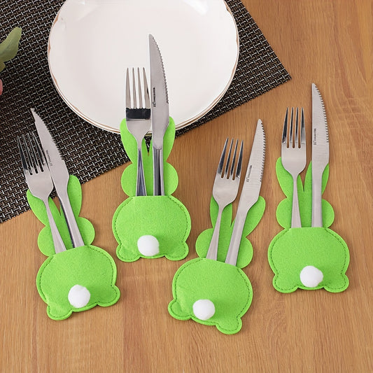 4 Easter bunny cutlery pouches made of felt, 4 rectangular table mats made of solid color polyester non-woven material, hand washable storage bags for silverware. Ideal for holiday dining table decor, party table decoration, and birthday celebrations.