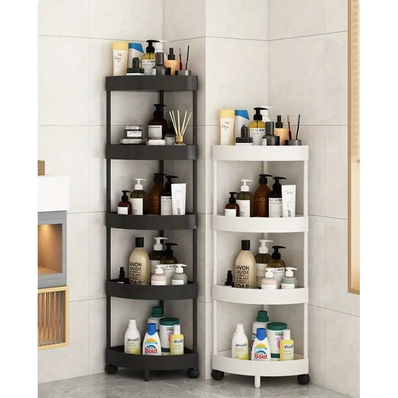 5-Tier corner bathroom shelf in plastic with ash finish and no golden pipes, a space-saving essential for your bathroom.