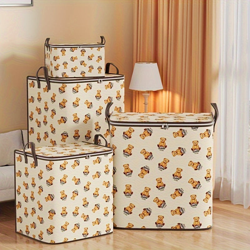 Foldable fabric storage bag for teddy bear clothes quilt in bedroom.